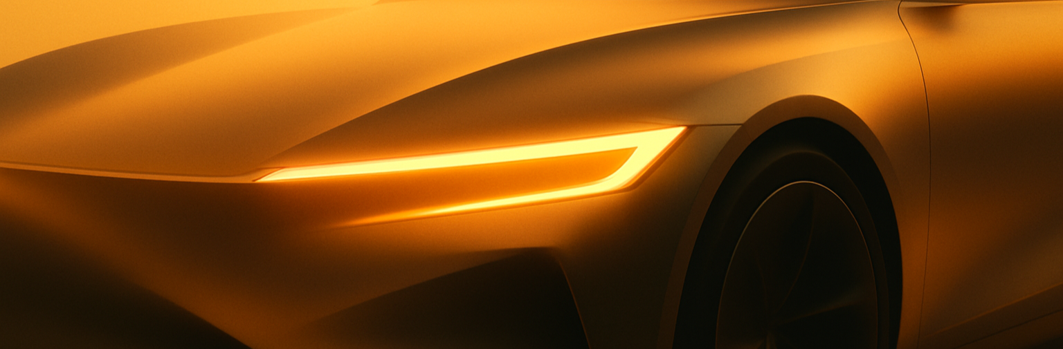 Goldenes Elektroauto in der Detailansicht mit leuchtendem Licht.
