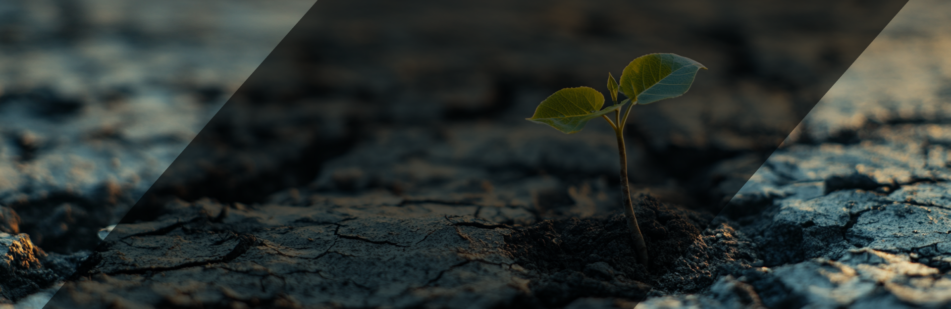 Setzling einer kleinen Pflanze mit zwei grünen Blättern wächst auf einem trockenen boden.