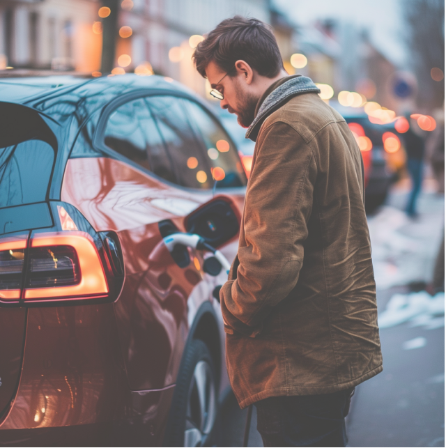 Ein Elektroautobesitzer steht vor seinem Elektroauto während es lädt.