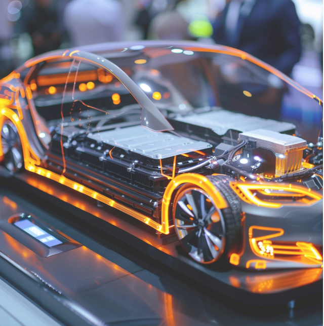 Elektroauto Miniatur Modell mit Fokus auf die Batterie.