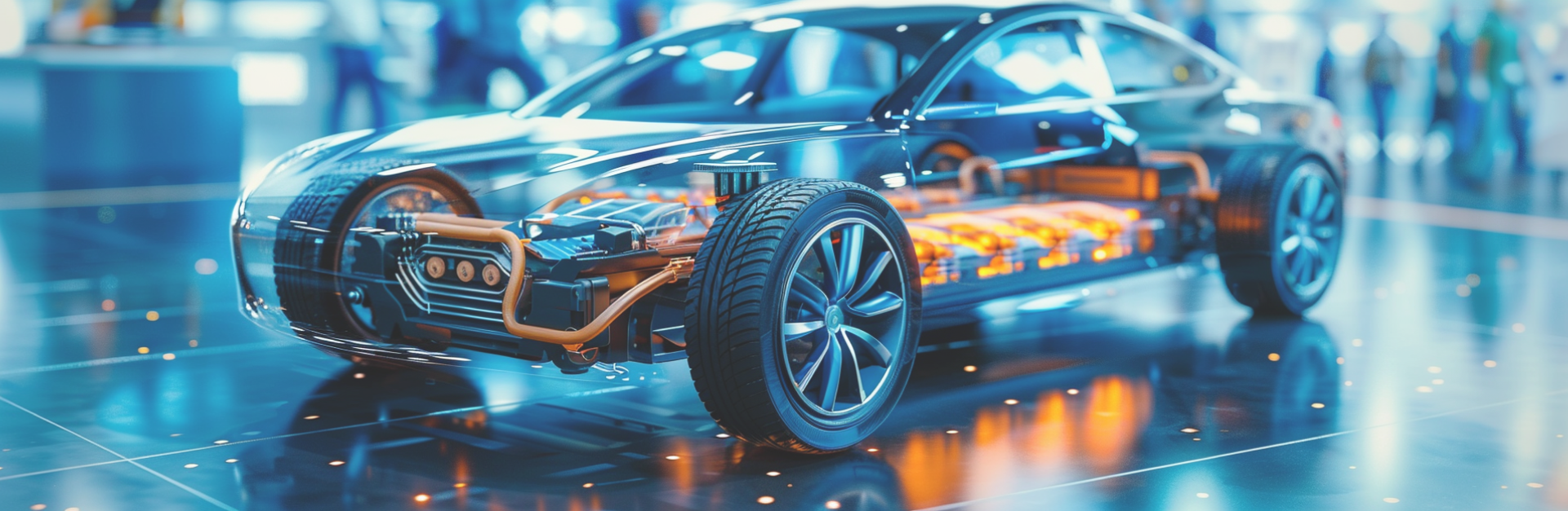 Futuristische Darstellung eines Elektroautos mit der Hervorhebung der Batterie im Inneren des Autos.