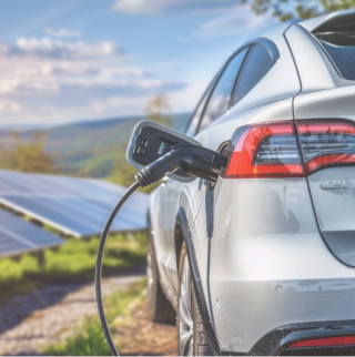Aufnahme eines Silbernen Autos, welches gerade über einen Zapfhahn mit E-Fuels betankt wird. Im Hintergrund ist grüne Landschaft mit Photovoltaikpanelen zu sehen.