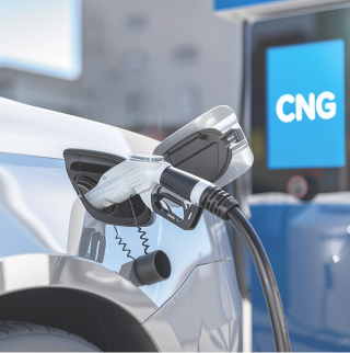 Aufnahme eines Tankhahns für CNG. Auf der Zapfsäule ist "CNG" abgebildet. Der Zapfhahn steckt in einem weißen CNG-Auto.