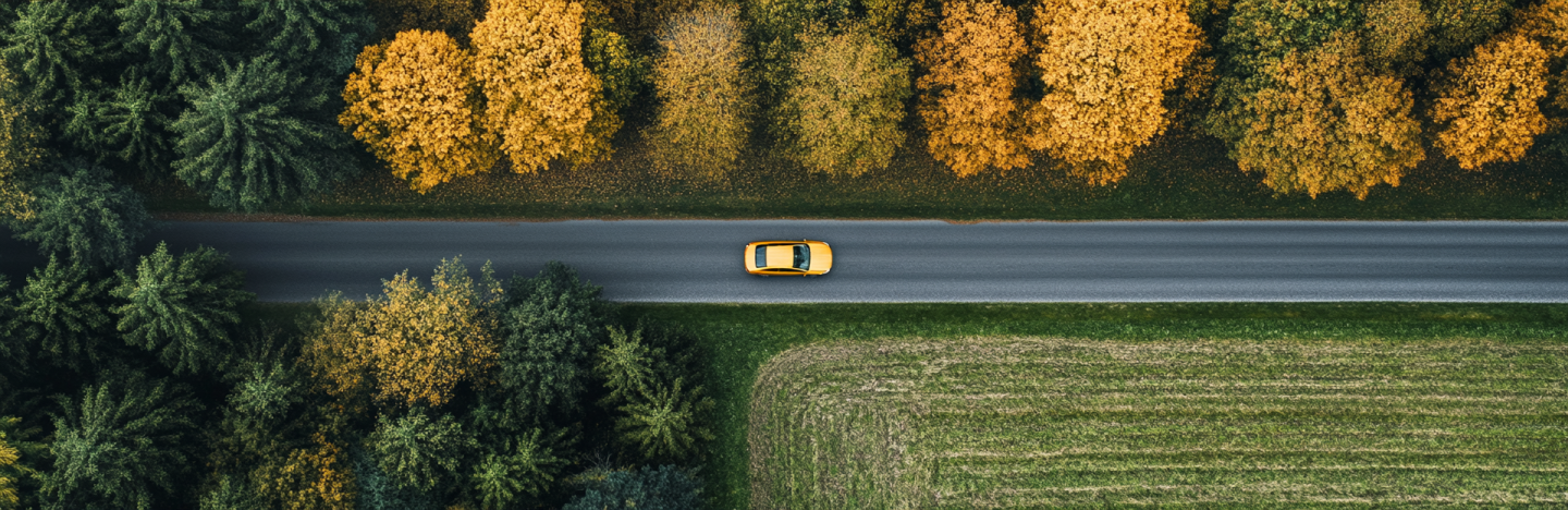 Drohnenaufnahme eines gelben Elektroautos, welches eine lange Straße entlang fährt. Links der Strße befinden sich gelb gefärbte Bäume. Rechts eine grüne Wiese.