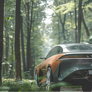 Ein modernes Wasserstoffauto fährt durch einen Wald.