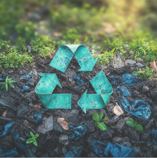 Recyclingsymbol im Vordergrund. Wiese und Erdreich mit vereinzelten Plastikteilen im Hintergrund.