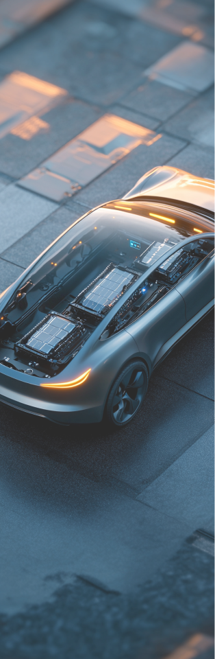 Draufsicht auf ein silbernes Elektroauto mit einem Glasdach. Durch das Glasdach sind das Innenleben und die modernen Batterien des Autos zu sehen.