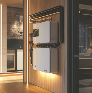 Foto eines privaten Energiespeichers an der Wand eines Wohnhauses. Der Energiespeicher besteht aus verschiedenen Modulen und ist weiß.