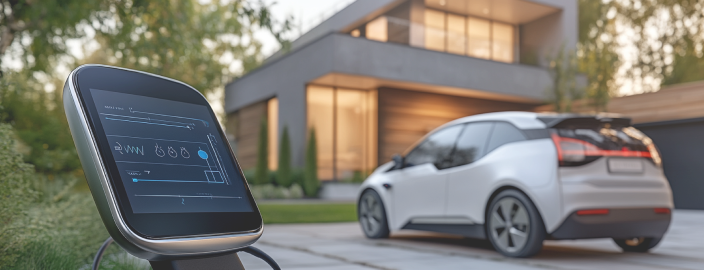 Foto einer modernen Villa mit einem weißen Elektroauto in der Einfahrt. Im Vordergrund ist ein Bildschirm, welcher das Smarthome steuern kann.