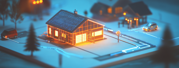 Futuristische Darstellung eines Einfamilienhauses und seine Vernetzung zum umliegenden Stromnetz.