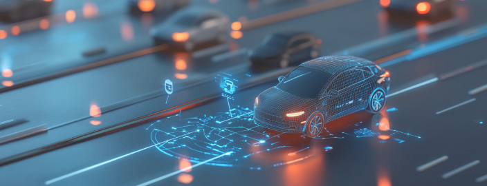 Futuristische Darstellung eines Elektroautos mit der Hervorhebung von autonomen Systemen