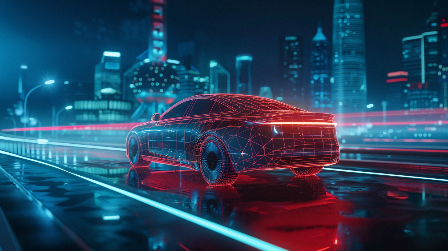 Futuristisches Bild mit einem Auto und einer Großstadt im Hintergrund.