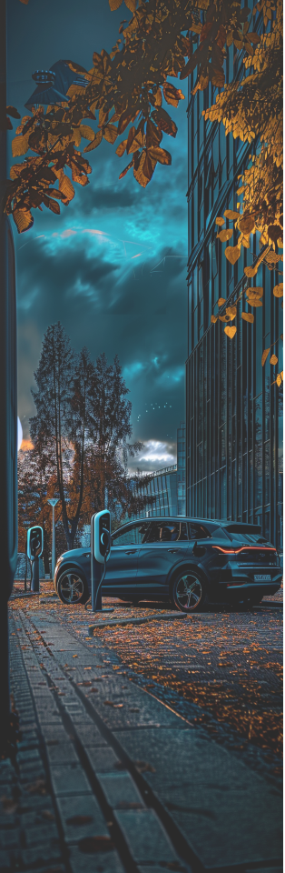 Ein blauer E-SUV läd an einer Ladestation vor einem Bürogebäude. Es ist herbstliche Stimmung und die Bäume im Hintergrund haben gelbe Blätter.
