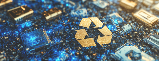 Futuristische Detailaufnahme einer Elektroauto-Batterie. Mittig ist ein Recyclesymbol bestehend aus drei Pfeilen zu erkennen.