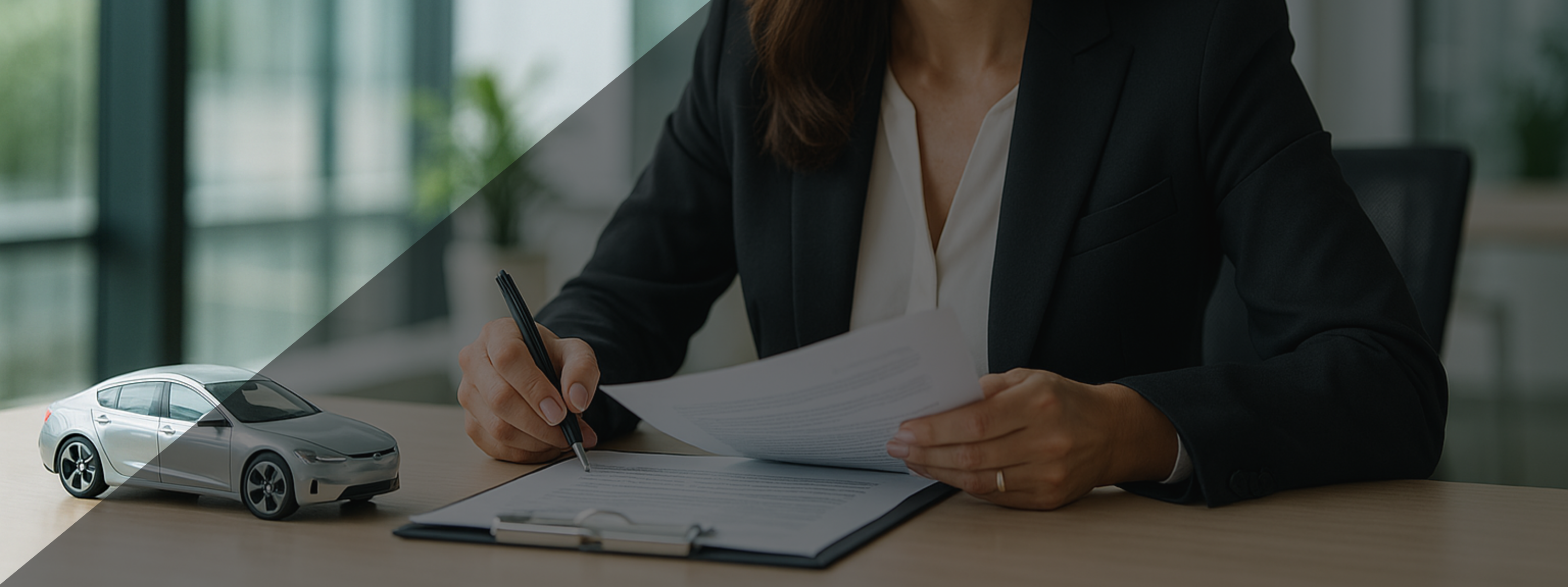 Une personne professionnelle effectue des calculs sur des documents sur un bureau, à côté d'elle se trouve une voiture miniature