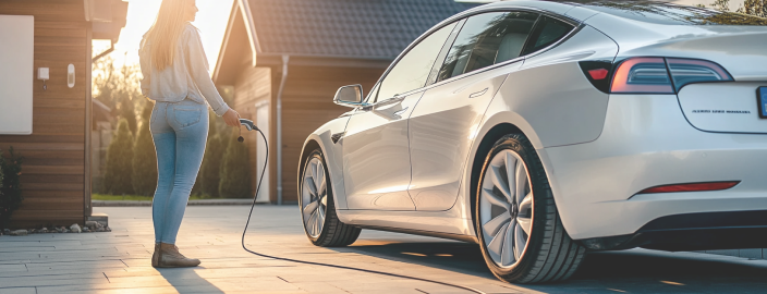 Une jeune femme se tient devant sa maison et recharge sa voiture électrique blanche, qu'elle a achetée à crédit.