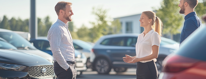 Un couple se trouve dans l'enceinte d'un concessionnaire automobile et négocie avec un vendeur les conditions générales d'un leasing à valeur résiduelle pour une voiture électrique.