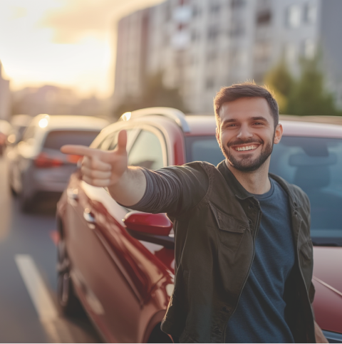 Un jeune homme se tient heureux devant sa nouvelle voiture électrique rouge et pointe du doigt vers la caméra. Il est content de la subvention gouvernementale pour les particuliers pour les voitures électriques