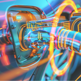 Représentation futuriste d'une voiture électrique argentée qui se recharge avec un connecteur de recharge de type 2.