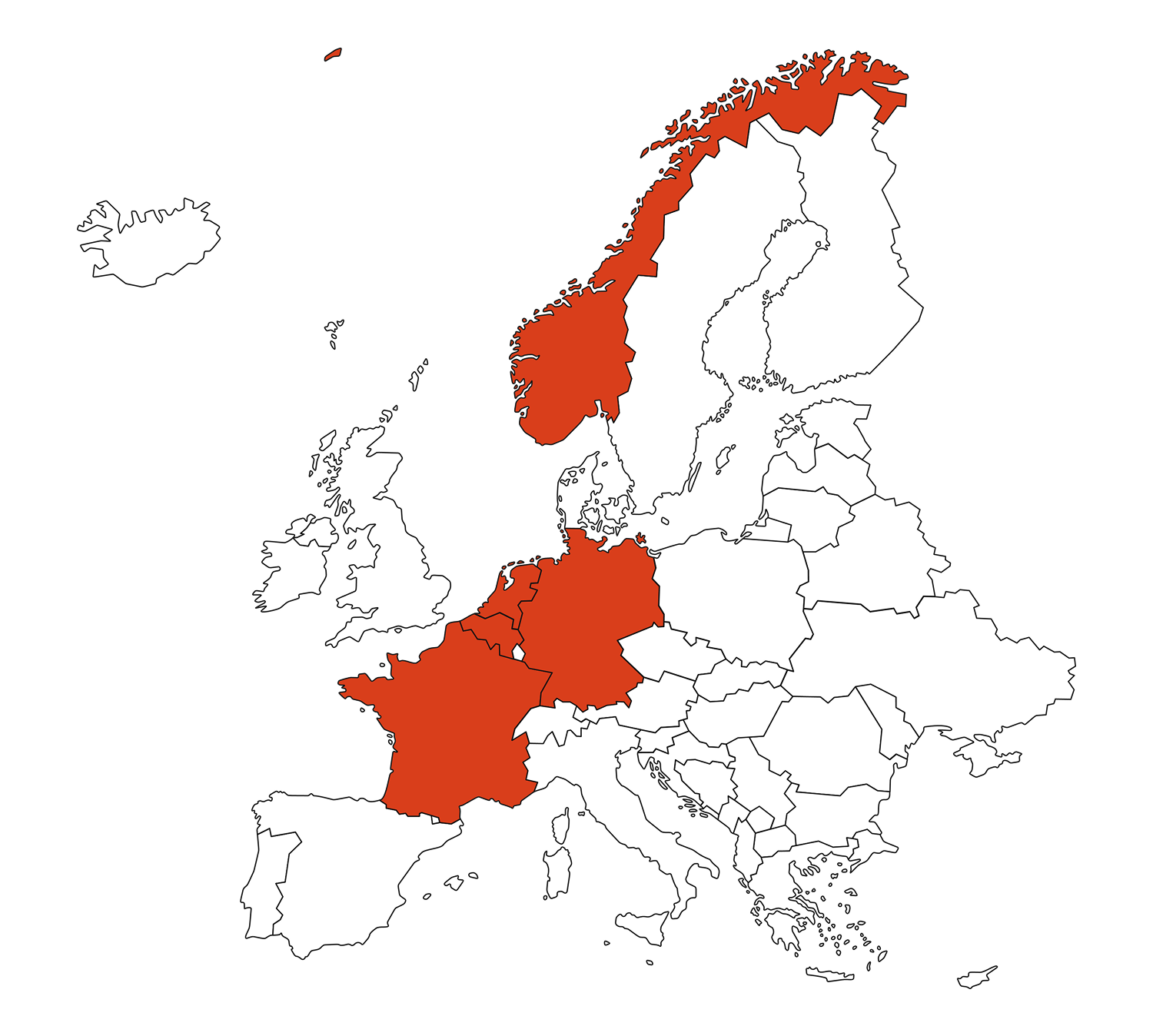 Carte Pays-Bas, Norvège, Allemagne, France, Belgique