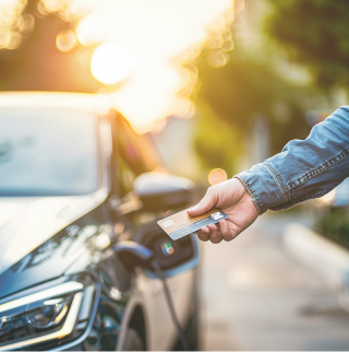 Une personne recharge sa voiture électrique noire. Au premier plan, on voit une main qui tient une carte de crédit. En arrière-plan, le soleil se couche.