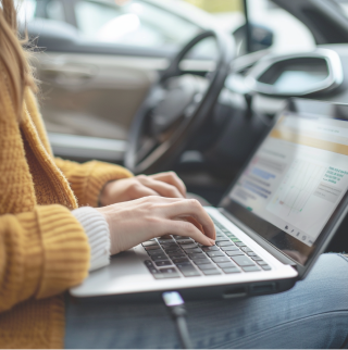 Au premier plan, une femme est assise sur le siège passager de sa voiture électrique, devant son ordinateur portable, et paie la recharge.