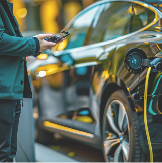 Une personne recharge sa voiture électrique noire pendant qu'elle tient son téléphone portable à la main.