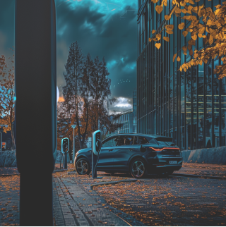 Une voiture électrique bleue est garée à une borne de recharge devant un immeuble de bureaux en verre. L'ambiance est automnale et les arbres en arrière-plan ont des feuilles jaunes.