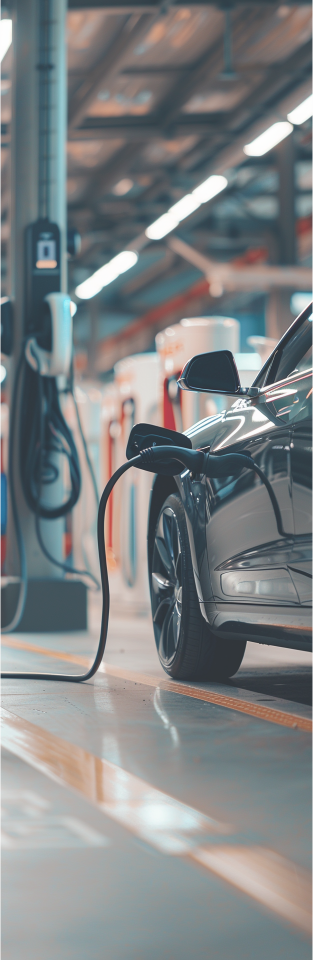 Une voiture électrique noire est dans un parking souterrain et se recharge à la borne de recharge de l'employeur.