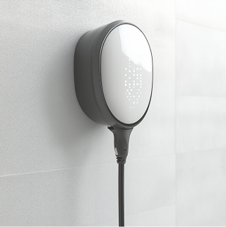 Prise de courant accrochée de manière à pouvoir y charger une voiture électrique.