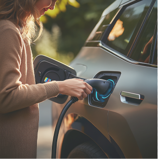 Une femme est heureuse pendant qu'elle recharge sa voiture électrique.