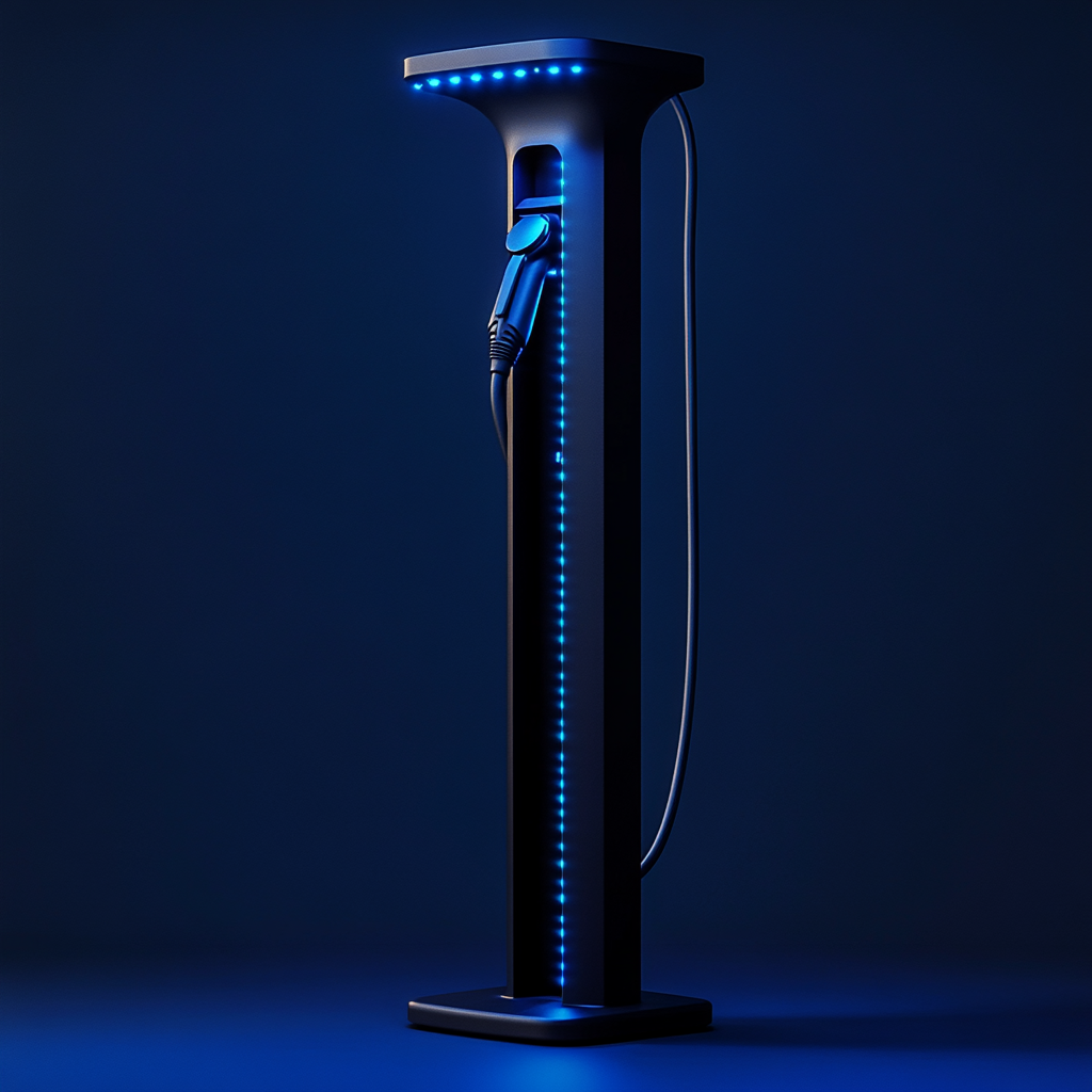 Blaue Ladestation mit verschiedenen Kabeln.