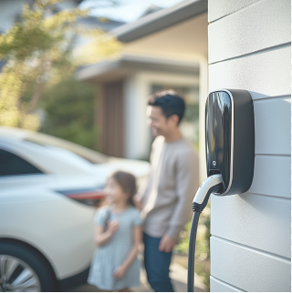 Une borne de recharge est installée sur le mur d'une maison. À l'arrière-plan, on aperçoit un père avec sa fille et la voiture familiale.