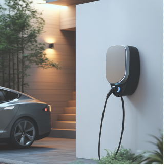 Mur d'une maison avec Wallbox et voiture électrique en arrière-plan.