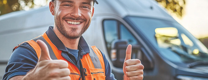 Un homme qui a  entretenu une voiture électrique montre ses deux pouces.