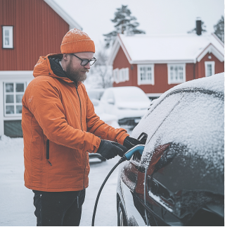 Une voiture électrique se recharge en plein hiver, dans la neige.