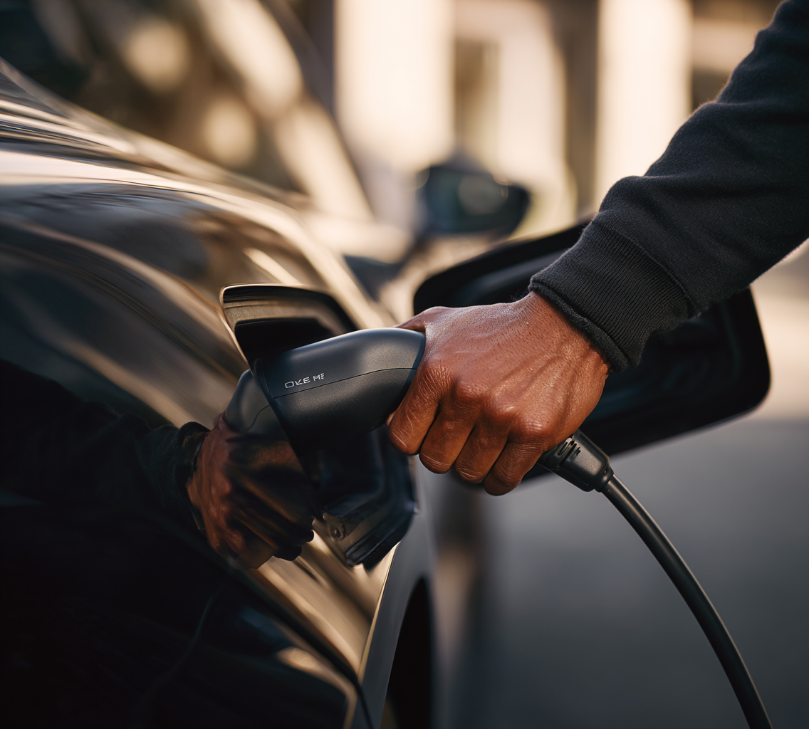 Gros plan sur un homme tenant un câble de recharge pour véhicules électriques à côté d'une voiture électrique luxueuse. La surface de l'élégant véhicule noir présente des reflets stylés. Lumière naturelle et douce avec un arrière-plan clair. Créé avec : photographie professionnelle plein format, technique de lentille cinématographique, faible profondeur de champ, éclairage éditorial de haute qualité, contraste élevé, textures réalistes et ton de marque luxueux.