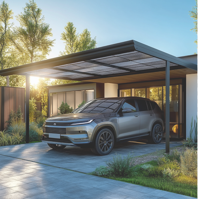 Voiture électrique garée sous un garage équipé d'un toit photovoltaïque (PV).