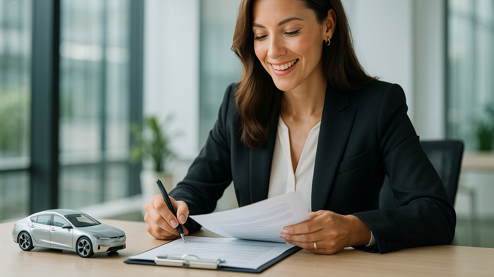 Une personne professionnelle effectue des calculs sur des documents posés sur un bureau, à côté d'elle se trouve une voiture miniature.