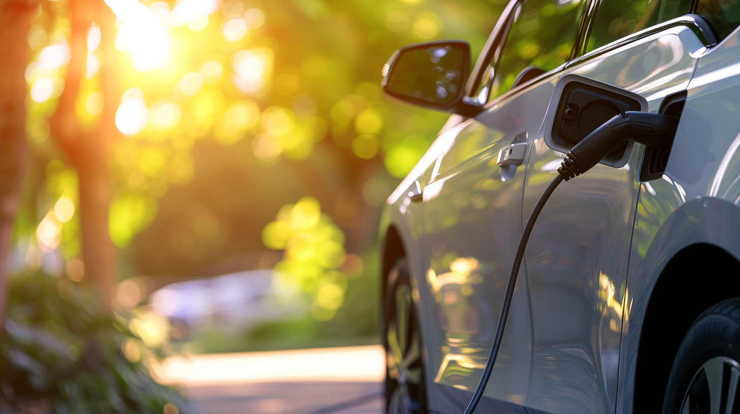 Une voiture électrique blanche est en cours de recharge. Des arbres et le soleil sont visibles en arrière-plan.