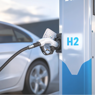 Foto di un rubinetto per l'idrogeno. Sulla pompa di benzina è riportata la dicitura "H2". Sullo sfondo si vede un'auto bianca a idrogeno.