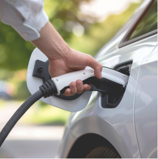 Auto elettrica bianca in fase di ricarica, parco verde sullo sfondo.