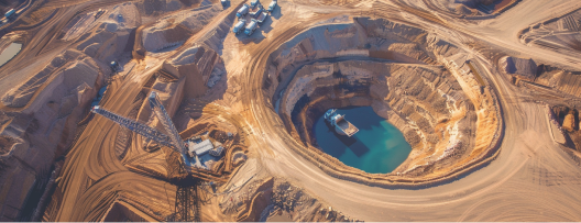 Immagine dal drone di una miniera di litio con un lago al centro.