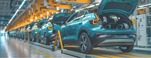 Linea di produzione di auto elettriche. Si possono vedere molte auto elettriche blu con il bagagliaio aperto in fila su una catena di montaggio.