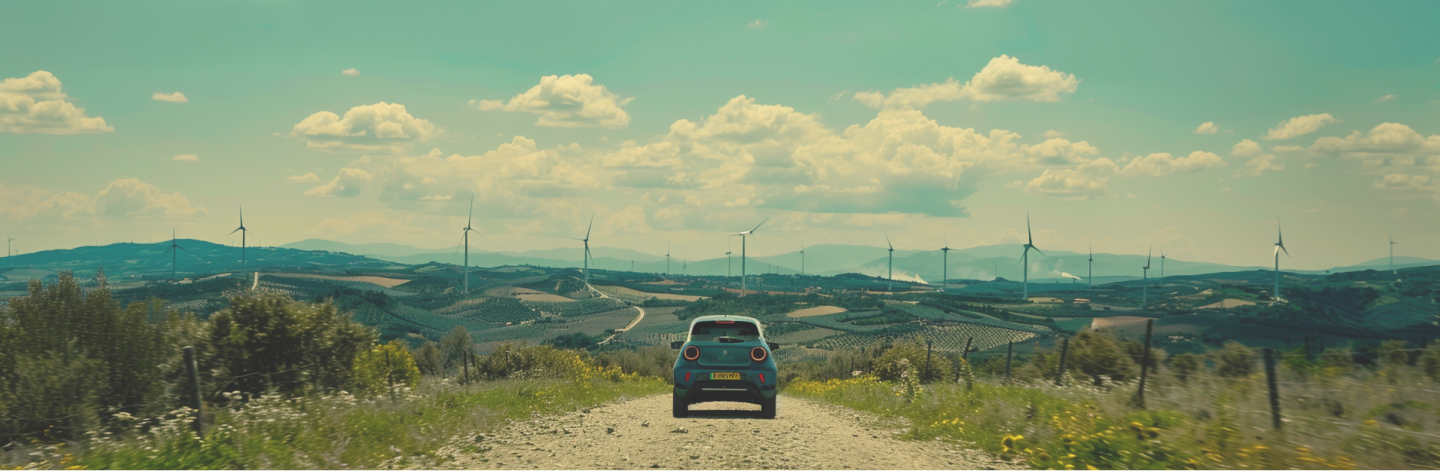 Auto elettrica blu parcheggiata su una strada sterrata circondata da campi. All'orizzonte si intravedono turbine eoliche.