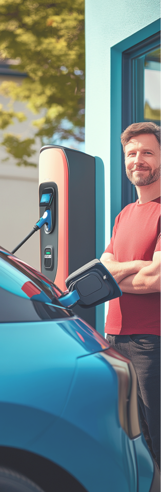 Un uomo sorridente con una maglietta rossa si trova sul retro della sua auto elettrica blu mentre viene ricaricata presso la sua wallbox.