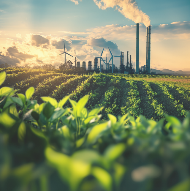 Campo di piante verdi con una fabbrica all'orizzonte, alimentata da turbine eoliche.