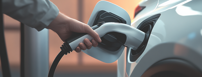 Primo piano della ricarica di un'auto elettrica.