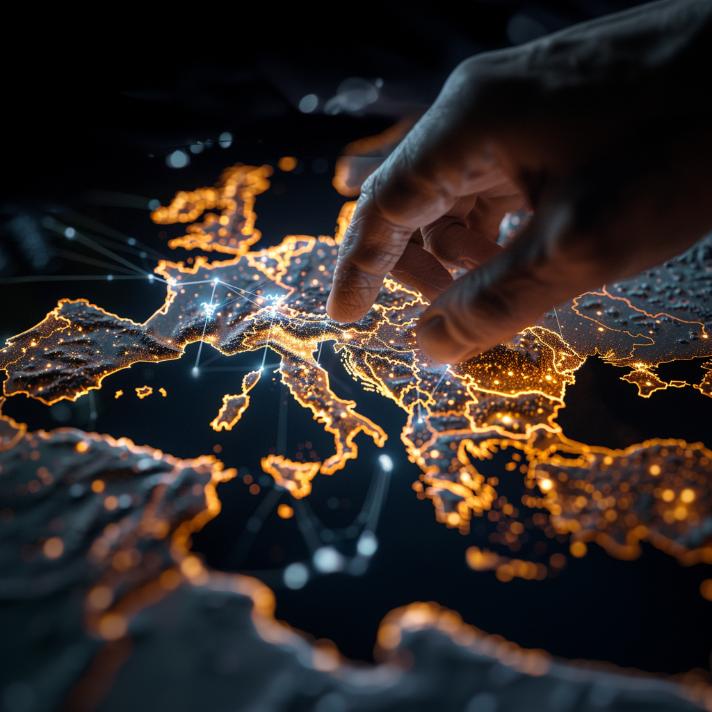 Una mappa dell'Europa che rappresenta l'energia e le connessioni dell'infrastruttura elettrica