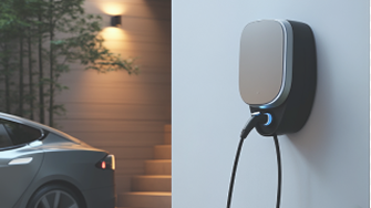 Een huis met een wallbox. Op de achtergrond is een elektrische auto te zien.